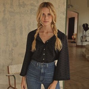 Doen Cotton Wide Sleeved Lunaria Top Black Floral Eyelet